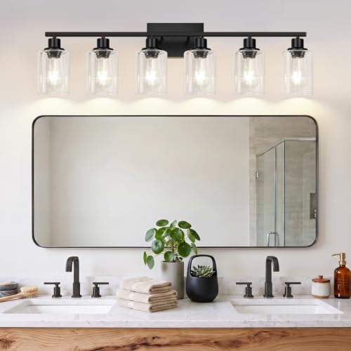 Image of Indoi 6-Light Bathroom Light Fixtures, Matte Black Modern Vanity Lights with Clear Glass Shades, Bathroom Wall Lamp for Mirror Living Room Cabinet Bedroom Porch