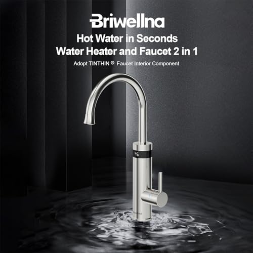Briwellna Elektrischer Wasserhahn für die Küche, Schneller Heizhahn, Edelstahl Wasserhahn mit Digitalanzeige, 360 Grad drehbarer Wasserhahn mit Durchlauferhitzer (Silber)