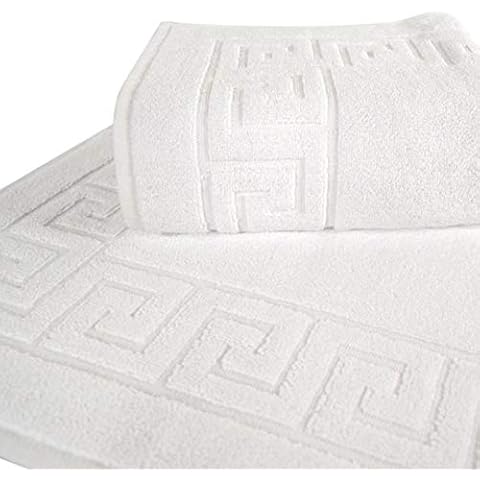Westlane Linens Pack of 2 Cotton Bath Mat 750GSM Egyptian Cotton Foot Towel Greek key Machine washable Quick Dry (White) Cover