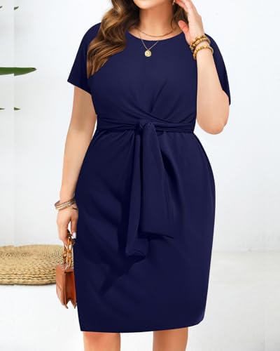 Image of Pinup Fashion Plus Size Dresses for Women Wedding Guest Short Sleeve Tie Front Waist Belted Pencil Work Knee Dress