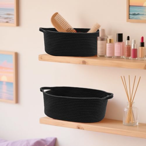 Image of Woven Basket with Gift Bags and Ribbons, 14 inchX 10 inch X 6 inch Storage Basket Black | Gift Storage Organizer Basket Bin Shelf Shelves Cotton Rope Basket for Nursery, Pet Toys