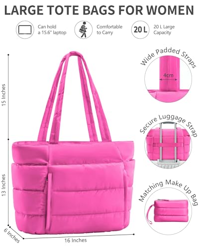 Image of Bagstellar Puffer Tote Bag for Women, Lightweight Puffy Work Handbag Teacher Nurse Quilted Shoulder Bag for School Travel Gym | Cloud Bag w / Zipper