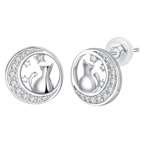 Arrebol Boucles d'oreilles Chat Femme Argent Sterling 925 Boucles d'oreilles Lune pour Femmes Sœurs Cadeaux Originaux