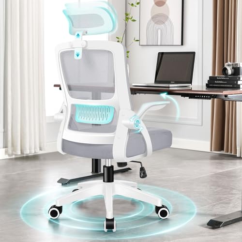 ELFORDSON Home Office Chair with Flip-up Armrests Headrest, Ergonomic Desk Chairs Swivel with Built-in Lumbar Support, Computer Gaming Mesh Chair, White and Grey