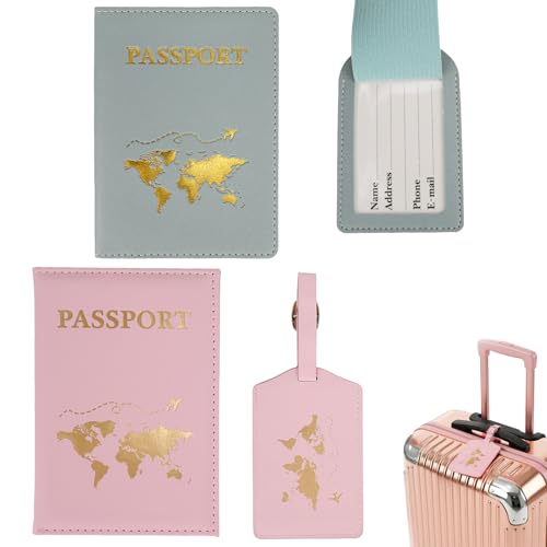 Ervoxo Reisepasshülle,2 Stück Reisepasshülle mit 2 Kofferanhänger,Passport Holder,Passport Cover,PassportHülle,Reisepasshüllen Kofferanhänger für Kreditkarten,Ausweis und Reisedokumente, Rosa,Azul
