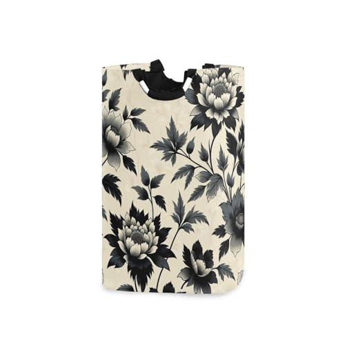Jihqo Laundry Hamper Basket Black Peony Flowers Collapsible Nursery Storage Bin Waterproof Clothing Baskets for Home Bedroom Bathroom Washing Room