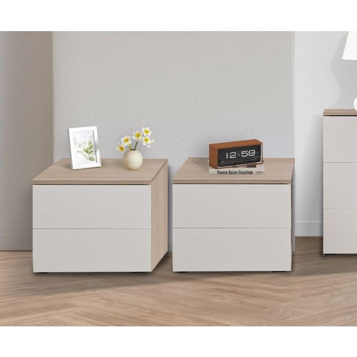Bissolo Casa Coppia Comodini Alice con 2 Cassetti, Olmo Perla e Bianco Larice, 47.5x37x40 cm, Set da 2 Pezzi