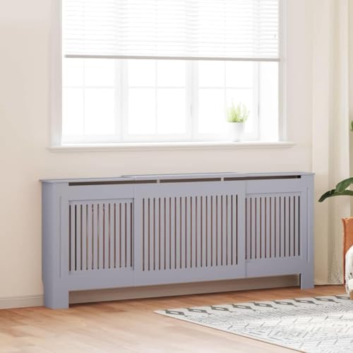 Image of Radiator Cover 2 pcs Grey 80.71 x 8.07 x 32.09 in Engineered Wood Water Resistant Material Efficient Heat Flow with Vertical Slats and Flat Top Shelf for Storage and Safety