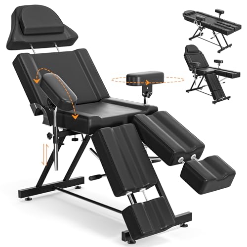 ABTSalon Tattoo Chair for Client with Adjustable armrests Black Esthetician Bed with Split Legs Massage Table