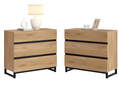 WAMPAT Nightstand with 3 Drawers for Bedroom, Modern Bedside Table with Black Square Metal Leg, Wood Rustic Side End Table, Oak, 2 Pcs