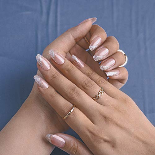 Sethexy Pink Ballerina False Nail Meidum Glitter Bling Coffin Fake Nails 24Pcs French Acrylic Art Press on Nail Tips for Women and Girls