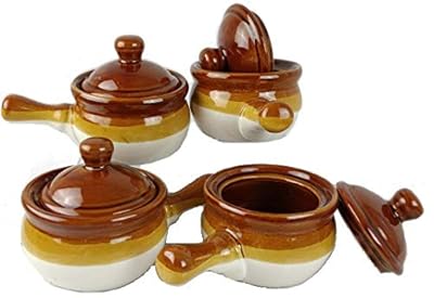 Individual French Onion Soup Crock Chili Bowls with Handles and Lids, Ceramic 16 Ounces 4 Pack