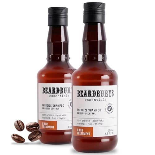 Beardburys Essentials Champú Energize Anticaída Hombre 250ml – Champú Fortificante con Cafeína, Aloe Vera y Proteína de Maíz, Estimula y Revitaliza el Cabello – Uso Diario – Pack x2