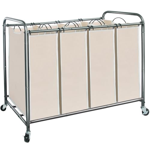 Image of STORAGE MANIAC Laundry Sorter 4 Section, 47.5 Gal (180 L) Laundry Hamper with Wheels, Clothes Divider Basket Sorter, Separator Hamper Cart with Removable Bags, Beige