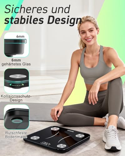 INSMART Personenwaage Digital, Waage personen mit Bluetooth, Körperfettwaage für BMI, Gewicht, Körperfett, Pulsschlag, Muskelmasse, Wasser, Protein, Skelettmuskel, Knochengewicht, BMR, usw.