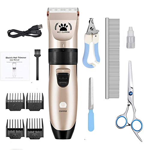 Dog Clippers Shaver Low Noise Pet Rechargeable Cordless Electric Quiet Hair Grooming Professional Trimmer Tool Set with Combs Brush Guides Scissors Nail Kits for Dogs Cats Pets Animals