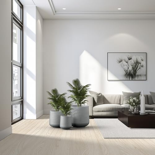 Image of Kante Set of 3 Pale Gray Concrete Curved Round Planters for Modern Home | Handcrafted, Premium, Durable, All-Weather Cement Pot, Drainage for Outdoor, Rubber Plug for Indoor Home, Anti-Frost & UV