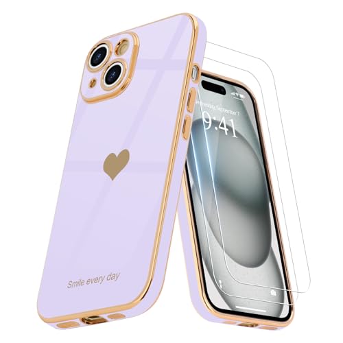 Teageo Kompatibel mit iPhone 15 Hülle + 2 Stück Schutzfolie, Mädchen Herz Styling Hülle Galvanisierte Weich TPU Handyhülle Kameraschutz Kratzfest Phone Case für iPhone 15