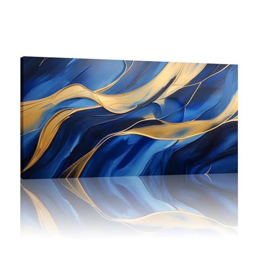 Art mural abstrait bleu et or : toile moderne 40x80 cm avec cadre intérieur