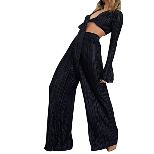 Conjunto de pantalones de 2 piezas para mujer, con cuello en V profundo, con lazo frontal, cintura alta, pantalones de pierna ancha, trajes de verano, Negro, M Cover