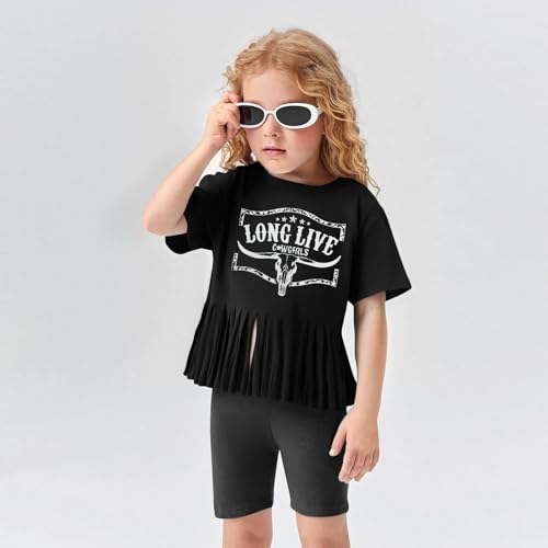 Image of Girls Western Shirt Cowgirls Embroidered Country Concert T Shirt Graphic Horseback Rider Tassel Fringe Tee Tops