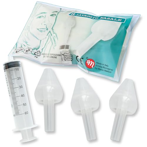 Set irrigador nasal para lavado nasal, higienizable by Marco MalTONI, fabricado en Emilia-Romaña, 3 aceitunas nasales grandes y 1 jeringa de 60 ml