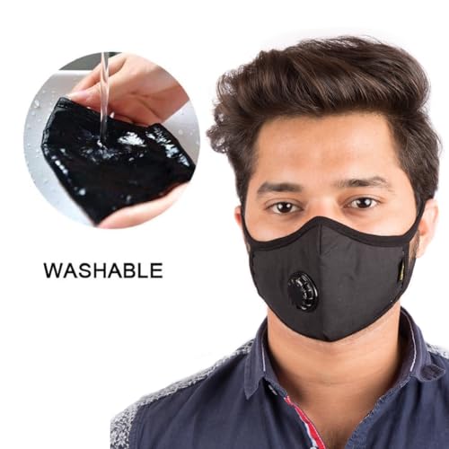 Image of Grin Health N99 Anti Pollution Mask with Acitivated Carbon with Valve Reusable & Washable, Unisex (Standard Size - Fit Most, Black)