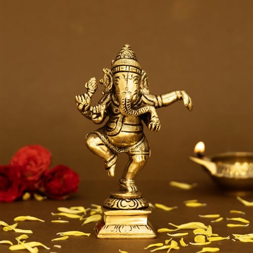 Image of Ekhasa 100% Pure Brass Ganesha Idol (Size: 10.5 cm) | Pital Ganesh Murti for Pooja Room, Home Decor, Office Desk and Car Dashboard | Vinayagar Statue for Diwali Puja
