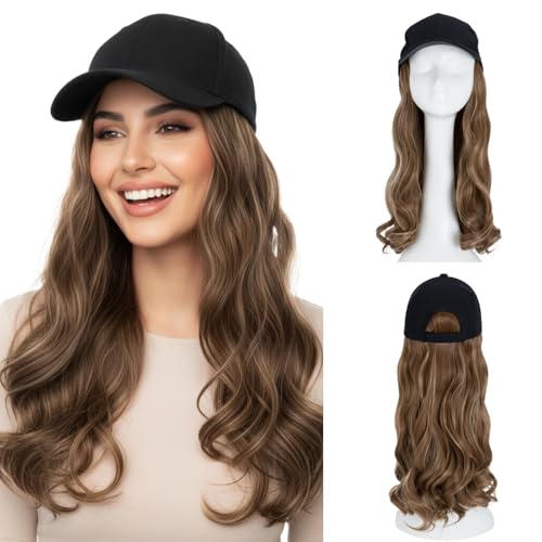 SEGO SEGOHAIR Hat Wig for Women Baseball Cap with Hair Extensions 16Inch Synthetic Wavy Curly Adjustable Wig Hat with Attached Hair for Daily Wear (#12P24 Light Brown Mix Blonde)