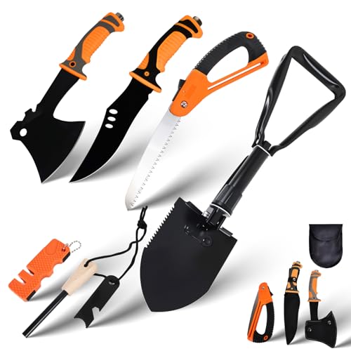 6 in 1 Kit Sopravvivenza,Outdoor Kit di Sopravvivenza Professionale con Ascia,Coltello di Sopravvivenza,Pala Pieghevole,Sega,Set di Bastoni di Accensione,Per Campeggio,Avventura,Escursionismo