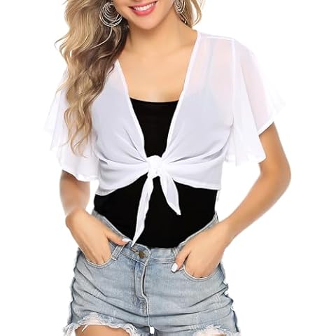 iClosam Women Tie Front Chiffon Shrug Short Sleeve Cropped Sheer Bolero Shrug Cardigan White Cover