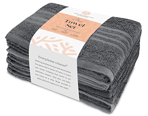 White Classic Tower 12P Set, Bath & Hand Towels, 100% Cotton, Soft & Plush, Highly Absorbent, Quick Dry, Bathroom Decor, Spa, Hotel, Gray, Wealuxe Collection
