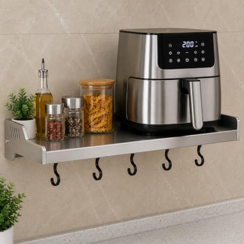 Image of Saifix Microwave Stand For Kitchen | Wall Mounted Oven Stand | Stainless Steel Hanging Dish Rack | Pot Racks | Utensil Organiser | Kitchware Rack (60 L x 40 W x 18 H CM's, Steel, OS-24)