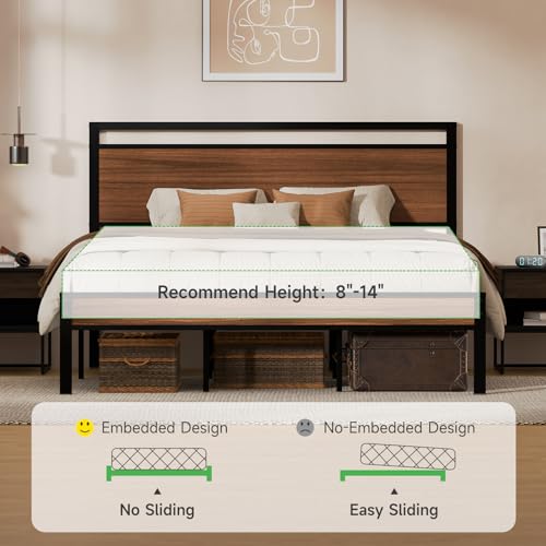 Image of Z-hom King Metal Bed Frame with Wooden Headboard and Footboard, Heavy Duty Platform Frame with Metal Slats, No Box Spring Needed, Quiet and Non-Slip Design, Space Saving Bed Frame for Bedroom,Walnut