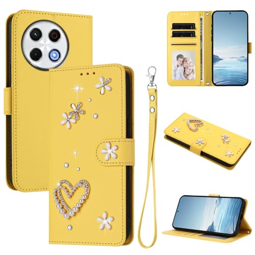 Jiajihua Case Compatible with Tecno Spark 30 Pro 4G Lanyard【Card Holder Wallet Flip Cover Magnetic Buckle Kickstand】 Yellow