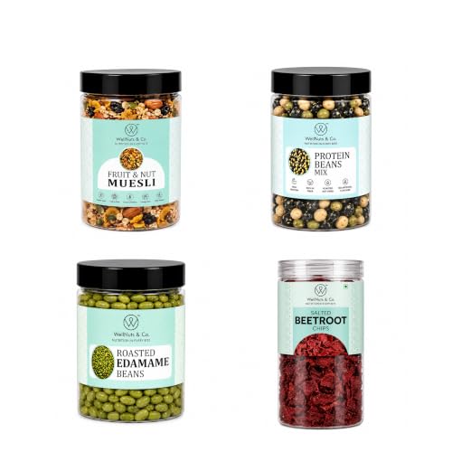 Image of WellNuts & Co. Healthy Snack Combo Pack of 4 |Fruit Nut Meusli - 200g, Protein Beans - 200g, Roasted Edamame Beans - 200g, Salted Beetroot Chips - 150g| Roasted & Ready to Eat Snacks | High Protein & High Fiber Combo | Snacks for Healthy Everyday