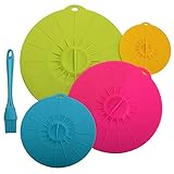 First4Spares Silicone Lids - Set of 4. Suction Lids & Brush for your Bowls, Pots, Pans and Skillets. Microwave and Food Safe Covers. Free Brush