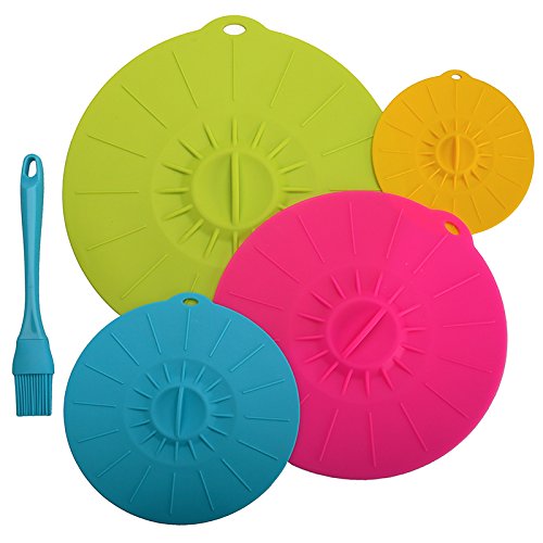 First4Spares Silicone Lids - Set of 4. Suction Lids & Brush for your Bowls, Pots, Pans and Skillets. Microwave and Food Safe Covers. Free Brush