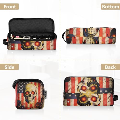 Bolsa de viaje para herramientas de cabello con tapete resistente al calor removible, estuche de transporte de doble capa para planchas, rizadores y secadores de pelo, con diseño de bandera USA y calavera patriótica miniatura 5