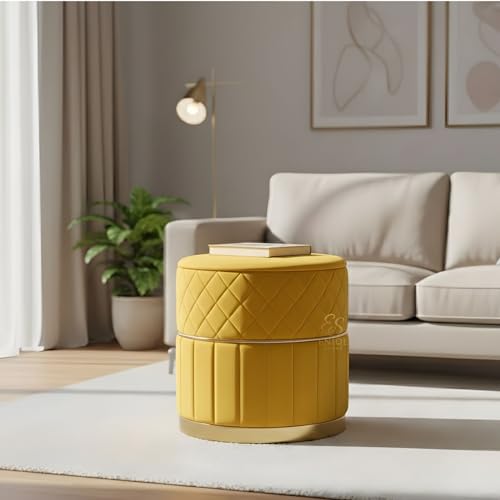 Image of ENIQE STORE Set of 2 Round Velvet Ottoman Footstool Gold Base - Tufted Upholstered Pouffe Stool for Living Room, Bedroom & Dressing Area (Yellow)