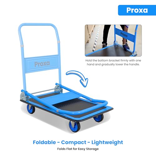 Image of Proxa 150 kg Steel Foldable Platform Trolley | Heavy Duty Material Handling Cart with 4 Inch Wheels | Portable Goods Trolley for Warehouse, Office, Home & Industry Use (72.5 x 46.5 x 85.5 cm)