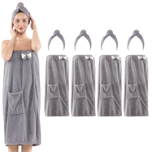 Spa Robe Bath wrap Towels for Women and Hair Drying Towel Waffle Spa Wraps with Pocket Adjustable Closure Lightweight Towel Wraps for Bath Shower (4, Gray)