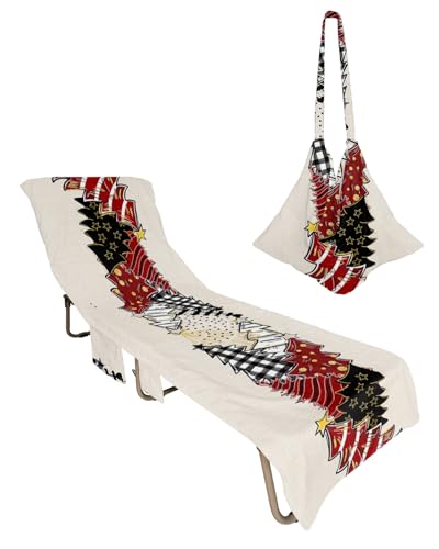 Red Black Yellow Christmas Tree Beach Lounge Chair Towel Cover, Soft Chaise Lounge Towel with Side Pockets Patio Pool Chairs Cover for Beach/Pool Sunbathing 29x85 Xmas Tree Rustic