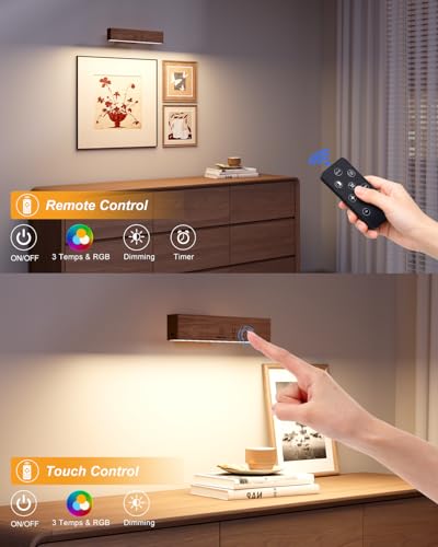 Image of Rechargeable Wood Wall Sconce (2 Pack) with Remote & Touch, 5200mAh Battery Operated Wall Lights with 3 Color Temperatures & RGB. Magnetic, Stick-On, Dimmable Wall Reading Lamp for Bedroom, Picture