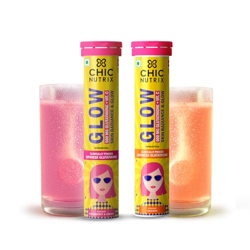 Image of Chicnutrix Glow- 40 Effervescent Tablets| Japanese Glutathione & Vit. C| Antioxidants for clear, glowing skin| Sugar-free, Orange & Strawberry Lemon Flavor