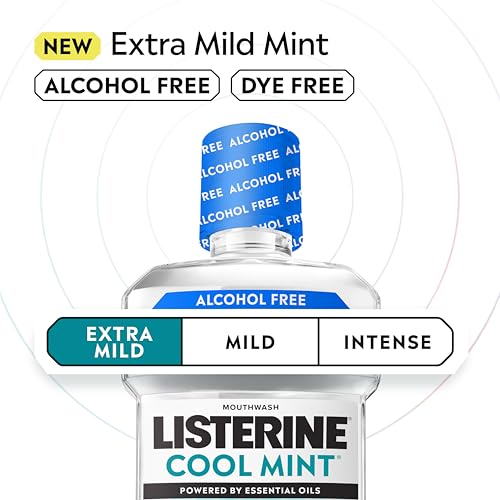 Image of Listerine Extra Mild Alcohol Free Mouthwash, Cool Mint, 33.8 fl. oz /1L | No Burn, Clinically Proven Essential Oils Kill 99.9% of Germs That Cause Bad Breath, Dye Free Oral Rinse