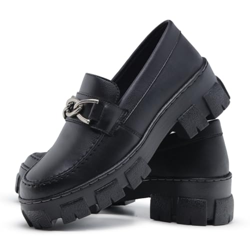 Sapato Mocassim Salto Tratorado Oxford Feminino (39, Preto Fivela)