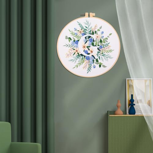 Image of IUHUI Embroidery Kit for Beginners Adults - 26 Floral Letters Easy Patterns, DIY Hand Stitching Embroidery Set with Hoop (Flower and Grass Letter G)