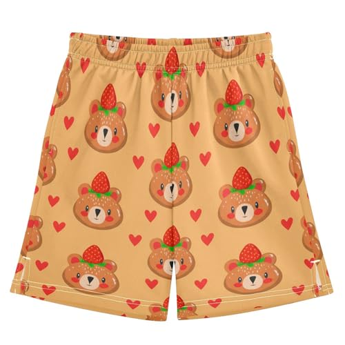 Bear Faces Strawberries Athletic Shorts with Zipper Pockets, Youth Boys Athletic Running Shorts for Summer