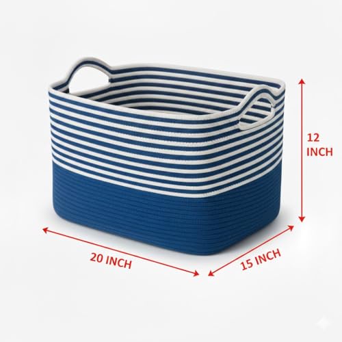 Image of Large Storage Basket, Woven Blanket Basket, Toy Basket with Handle, Laundry Hamper for Living Room, Nursery, Bedroom- 20x15x12 (LXWXH) (blue mix)